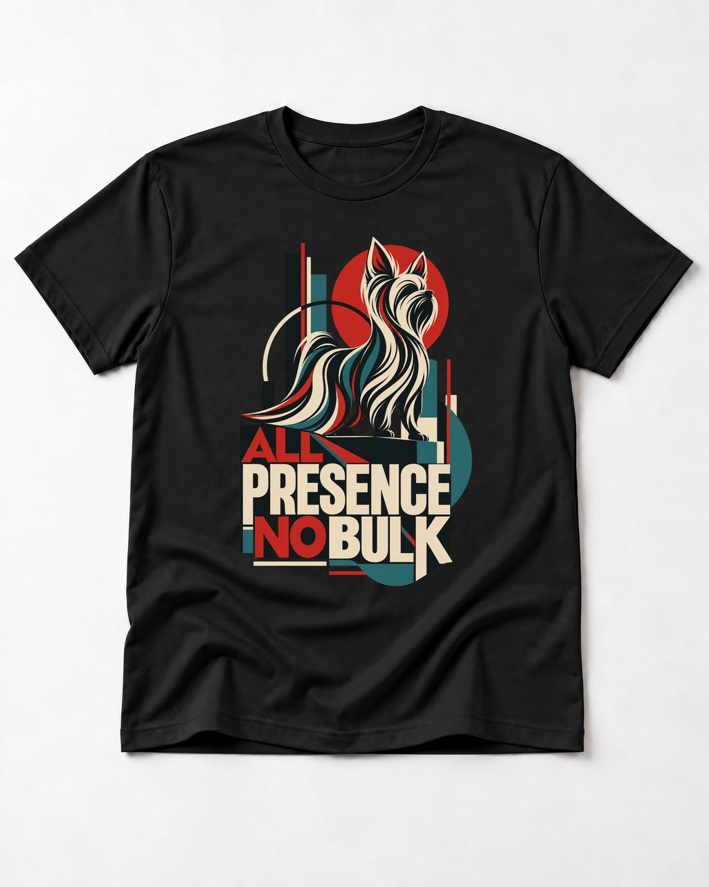 Yorkshire Terrier All Presence No Bulk Geometric Portrait Graphic T-Shirt in Black, flat lay product photo