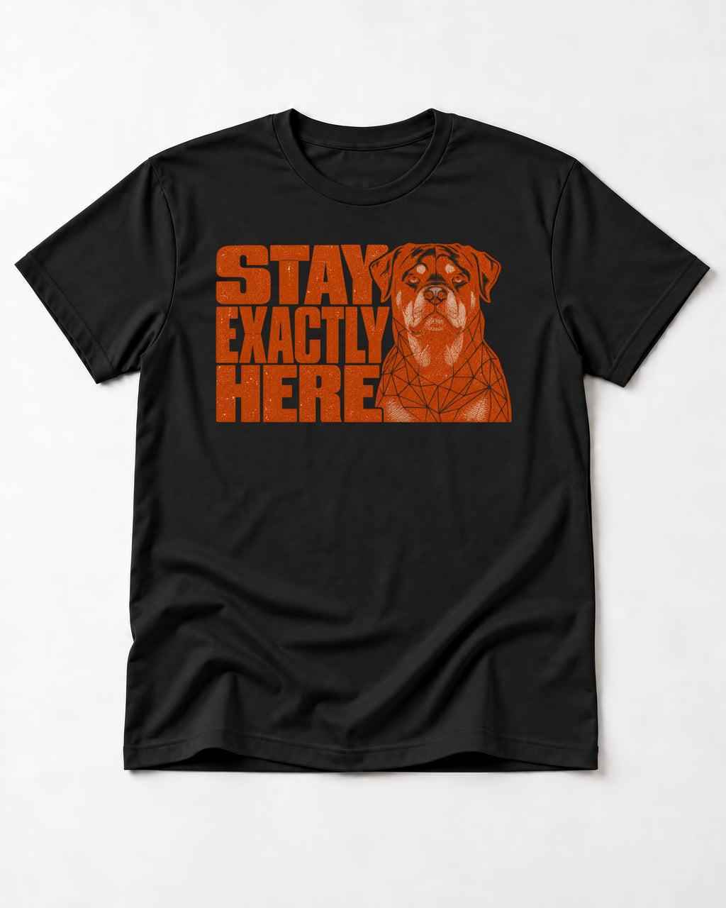 Rottweiler Stay Exactly Here Block Portrait Graphic T-Shirt in Black, flat lay product photo