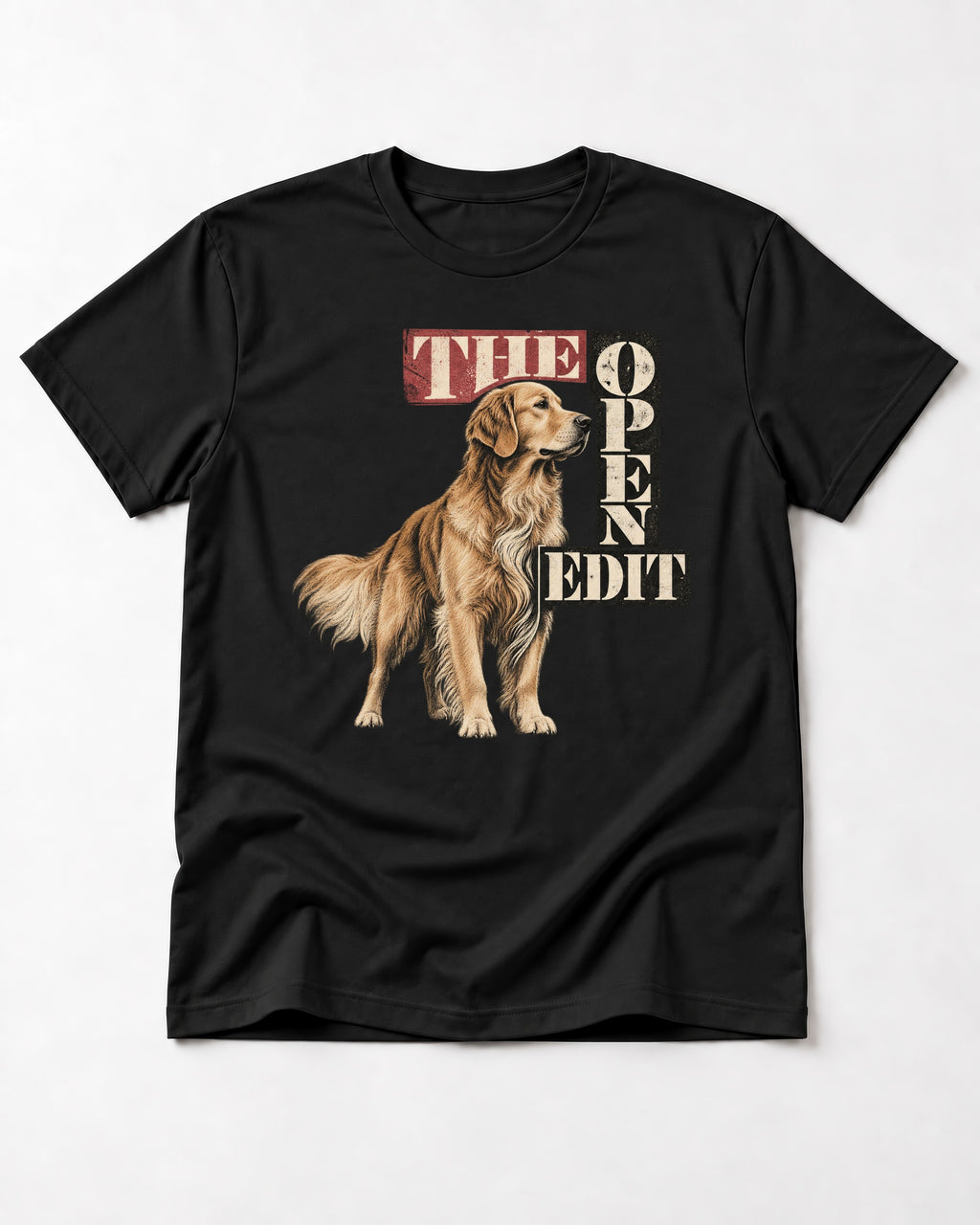 Golden Retriever The Open Edit Typography Portrait Graphic T-Shirt in Black, flat lay product photo