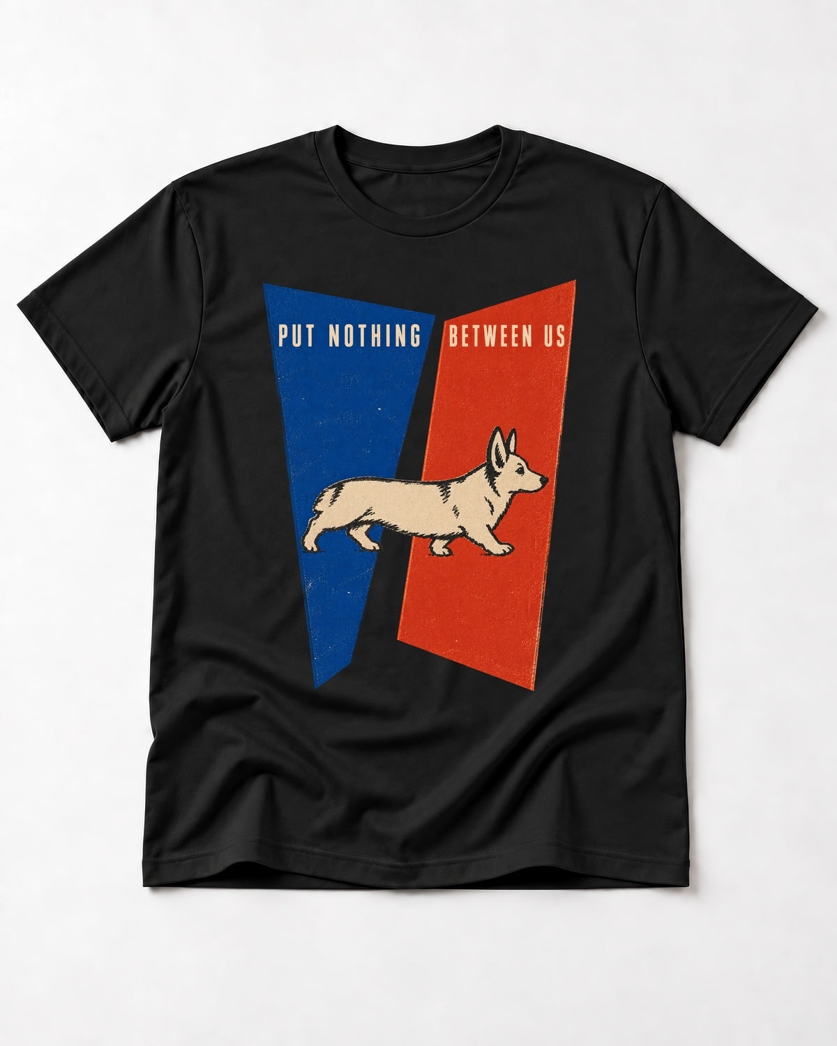 Corgi Put Nothing Between Us Split Panels T-Shirt in Black, flat lay product photo