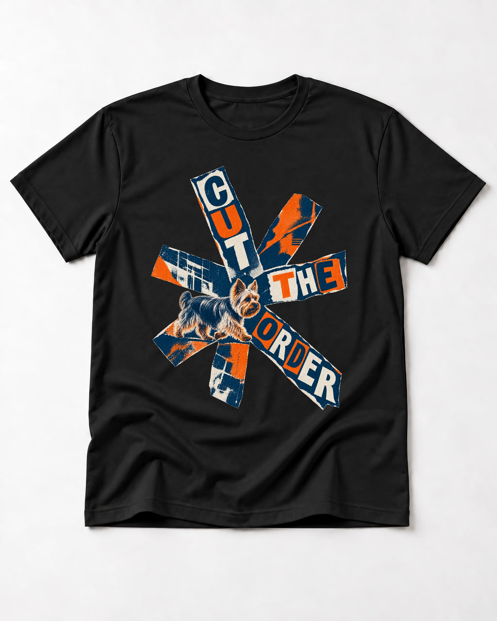 Yorkshire Terrier Cut the Order Radial Collage Graphic T-Shirt in Black, flat lay product photo