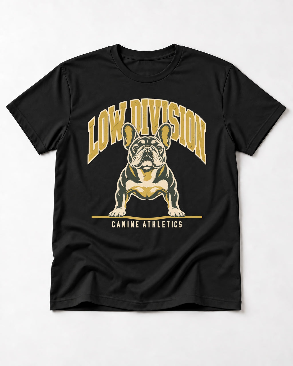 Frenchie Low Division Canine Athletics Graphic T-Shirt in Black, flat lay product photo