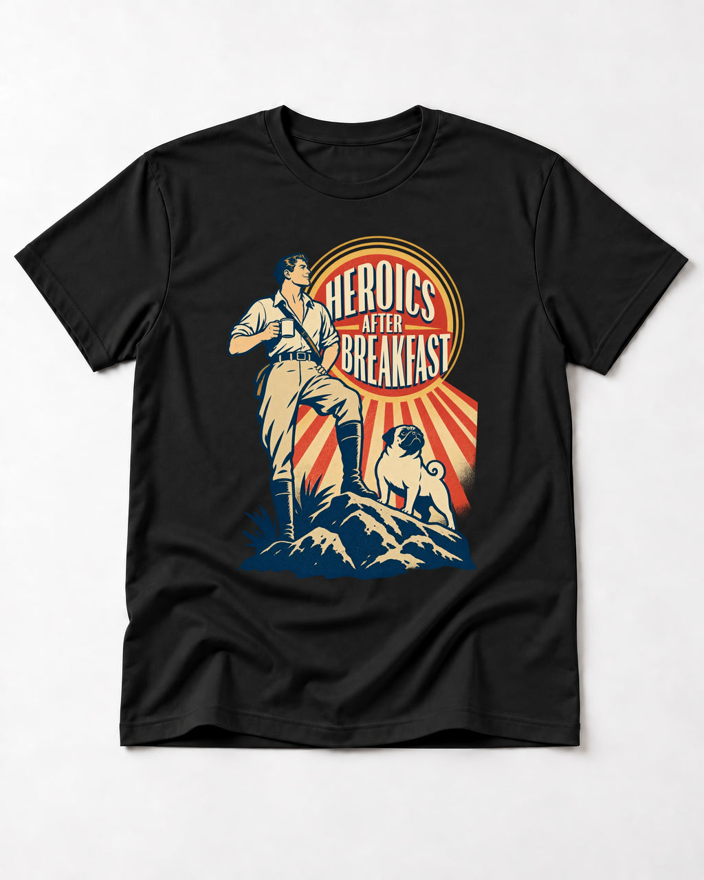 Pug Heroics After Breakfast Adventure Graphic T-Shirt in Black, flat lay product photo