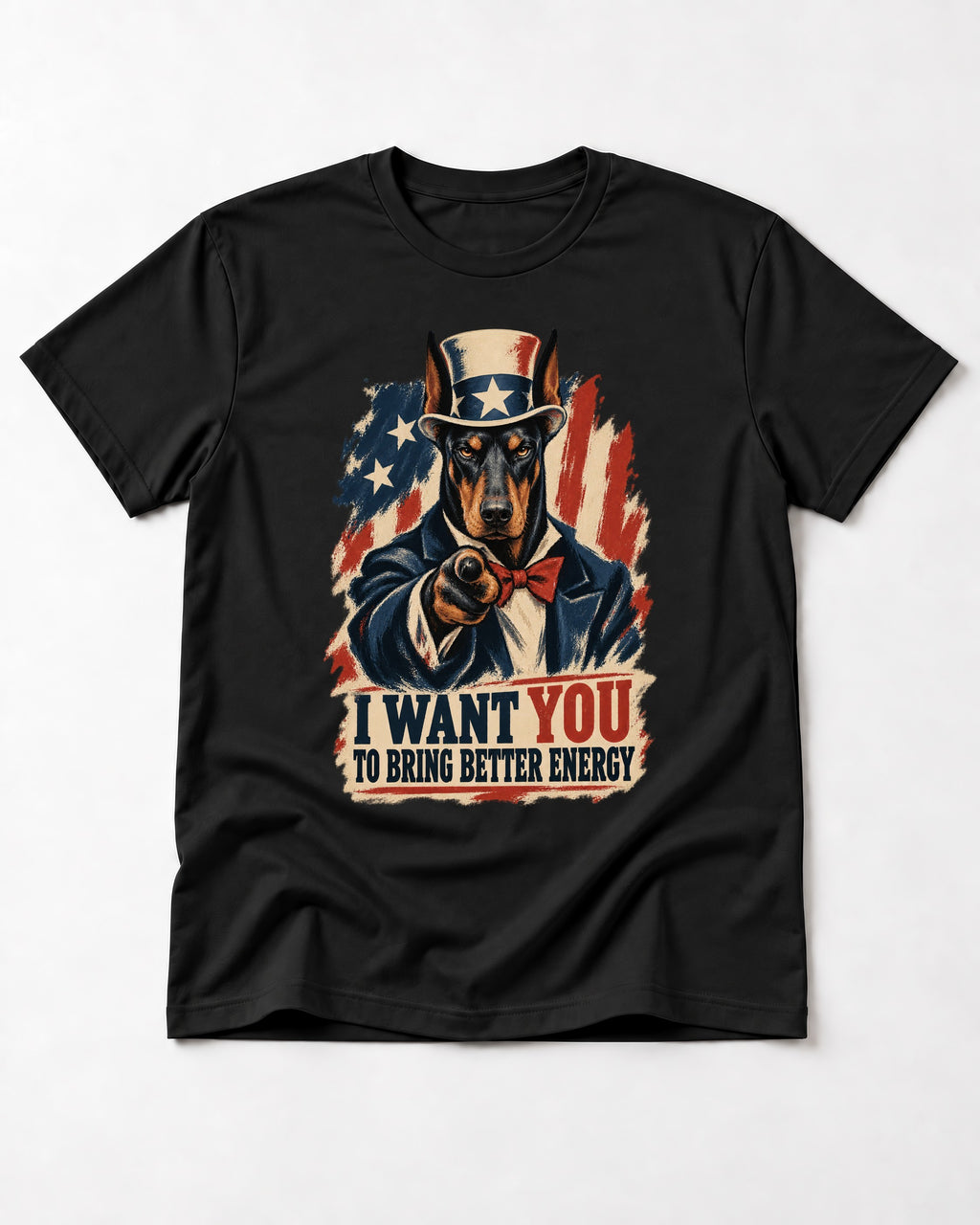 Doberman I Want You to Bring Better Energy Uncle Sam Graphic T-Shirt in Black, flat lay product photo