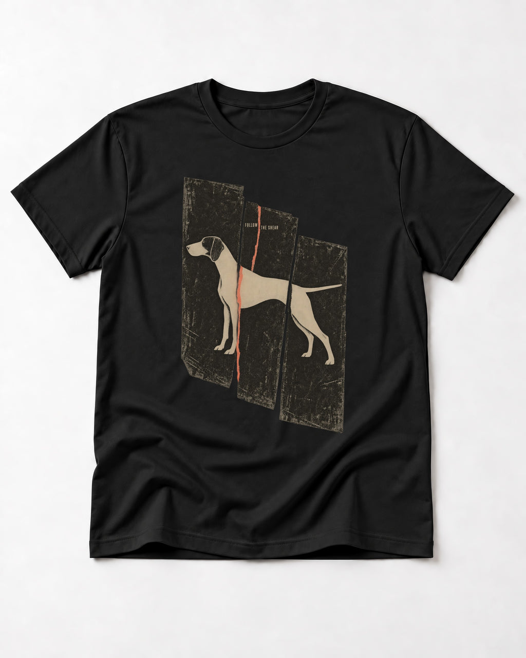 German Shorthaired Pointer Follow The Shear Split Panel Graphic T-Shirt in Black, flat lay product photo