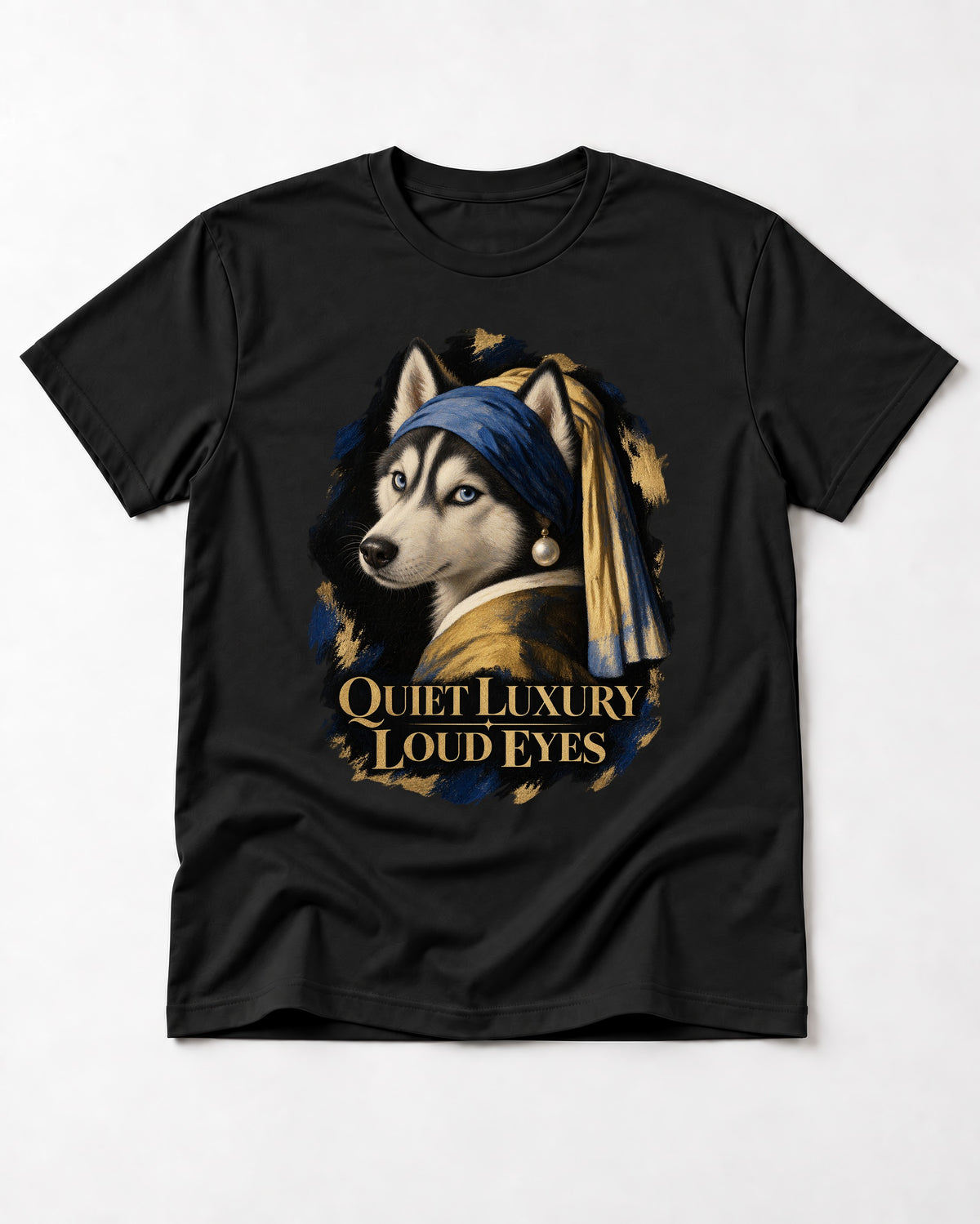 Husky Quiet Luxury Loud Eyes Pearl Portrait Graphic T-Shirt in Black, flat lay product photo