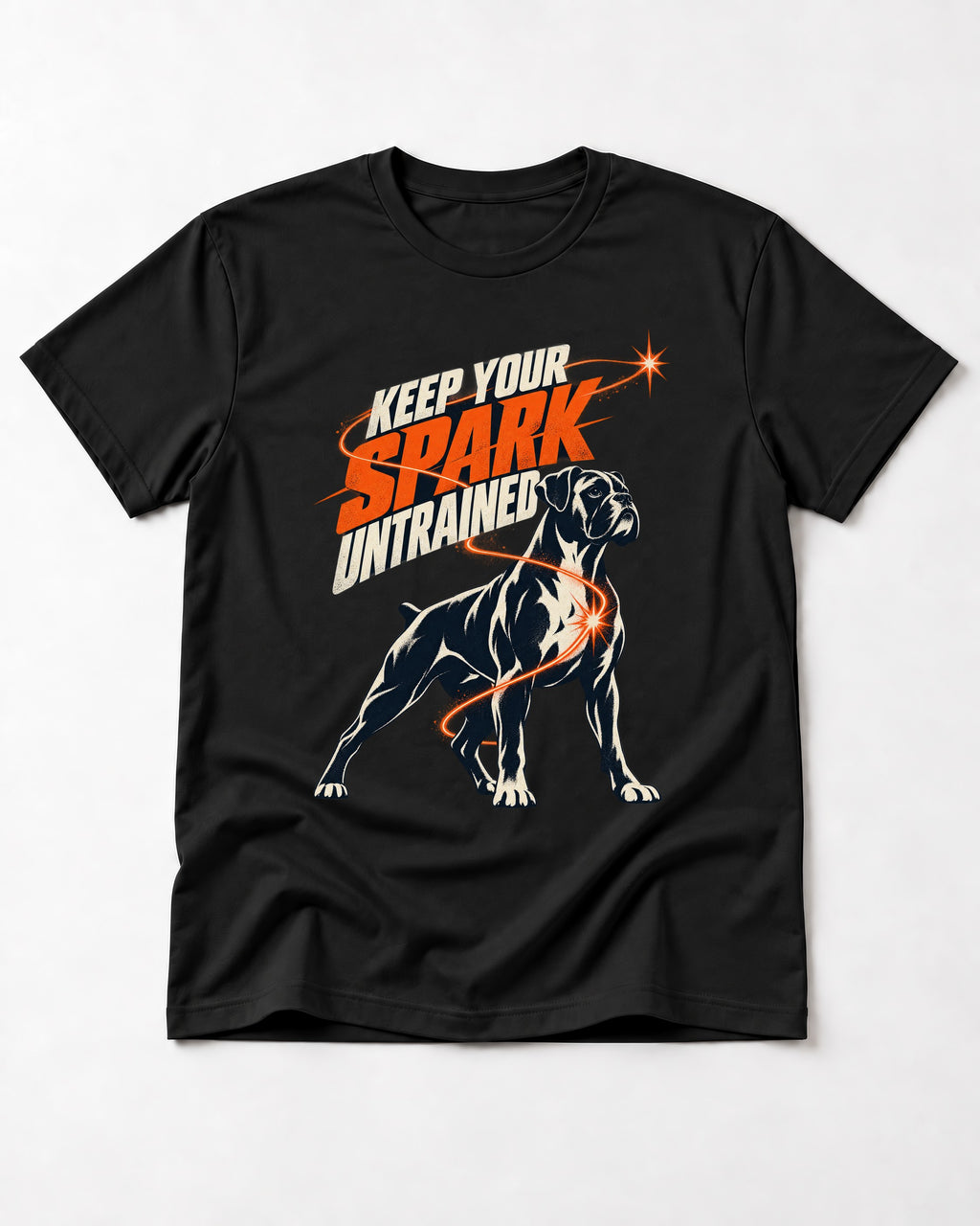 Boxer Keep Your Spark Untrained T-Shirt in Black, flat lay product photo