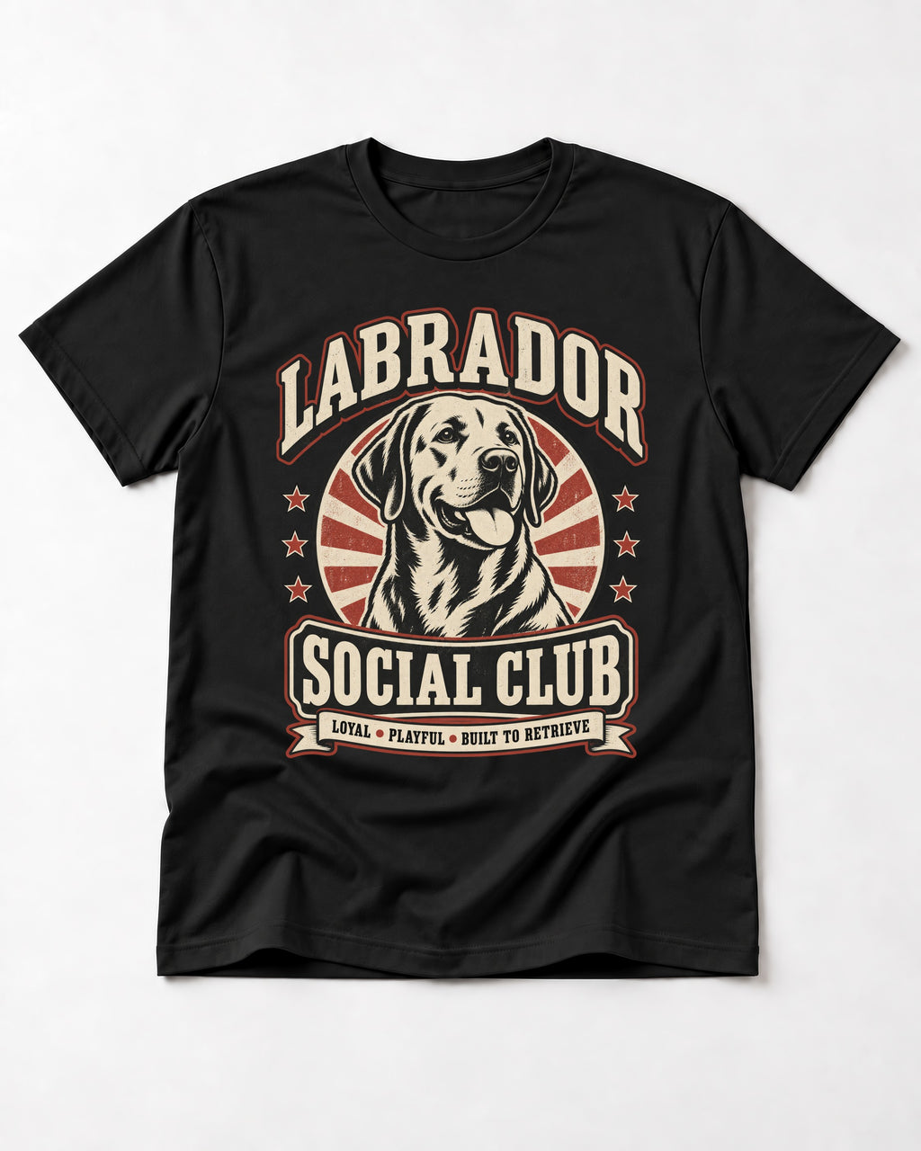 Labrador Retriever Social Club Loyal Playful Built to Retrieve Badge Graphic T-Shirt in Black, flat lay product photo