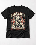 Labrador Retriever Social Club Loyal Playful Built to Retrieve Badge Graphic T-Shirt in Black, flat lay product photo