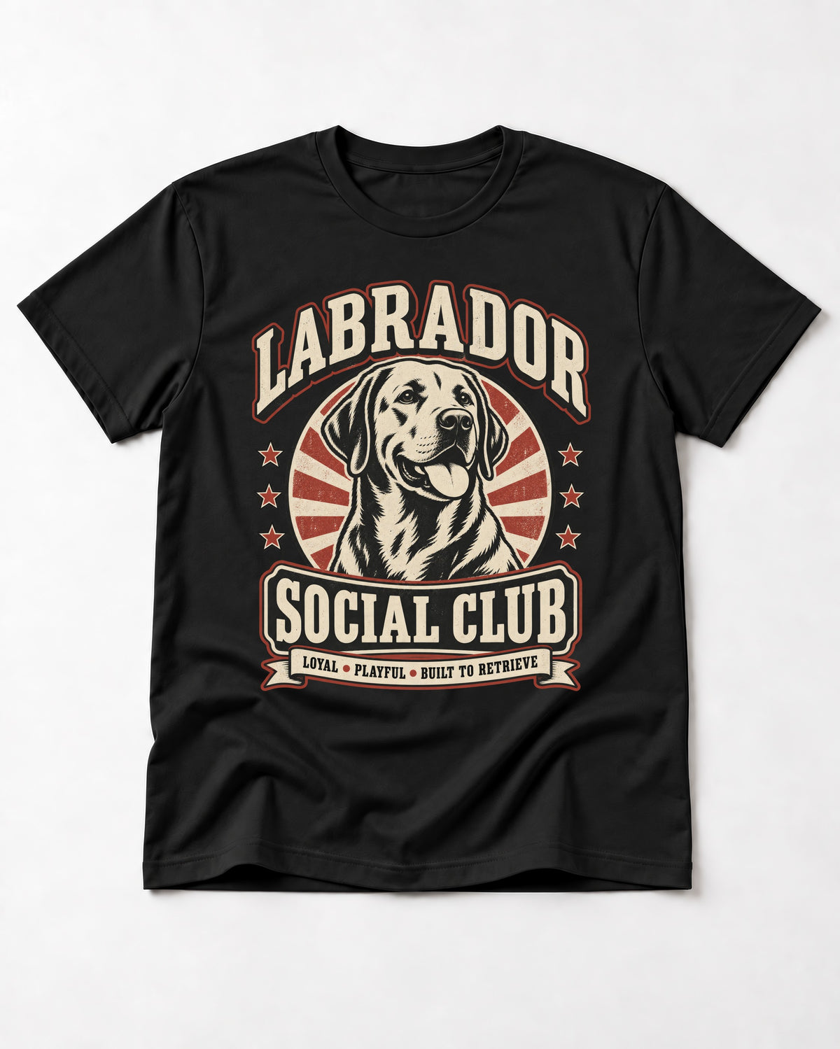 Labrador Retriever Social Club Loyal Playful Built to Retrieve Badge Graphic T-Shirt in Black, flat lay product photo