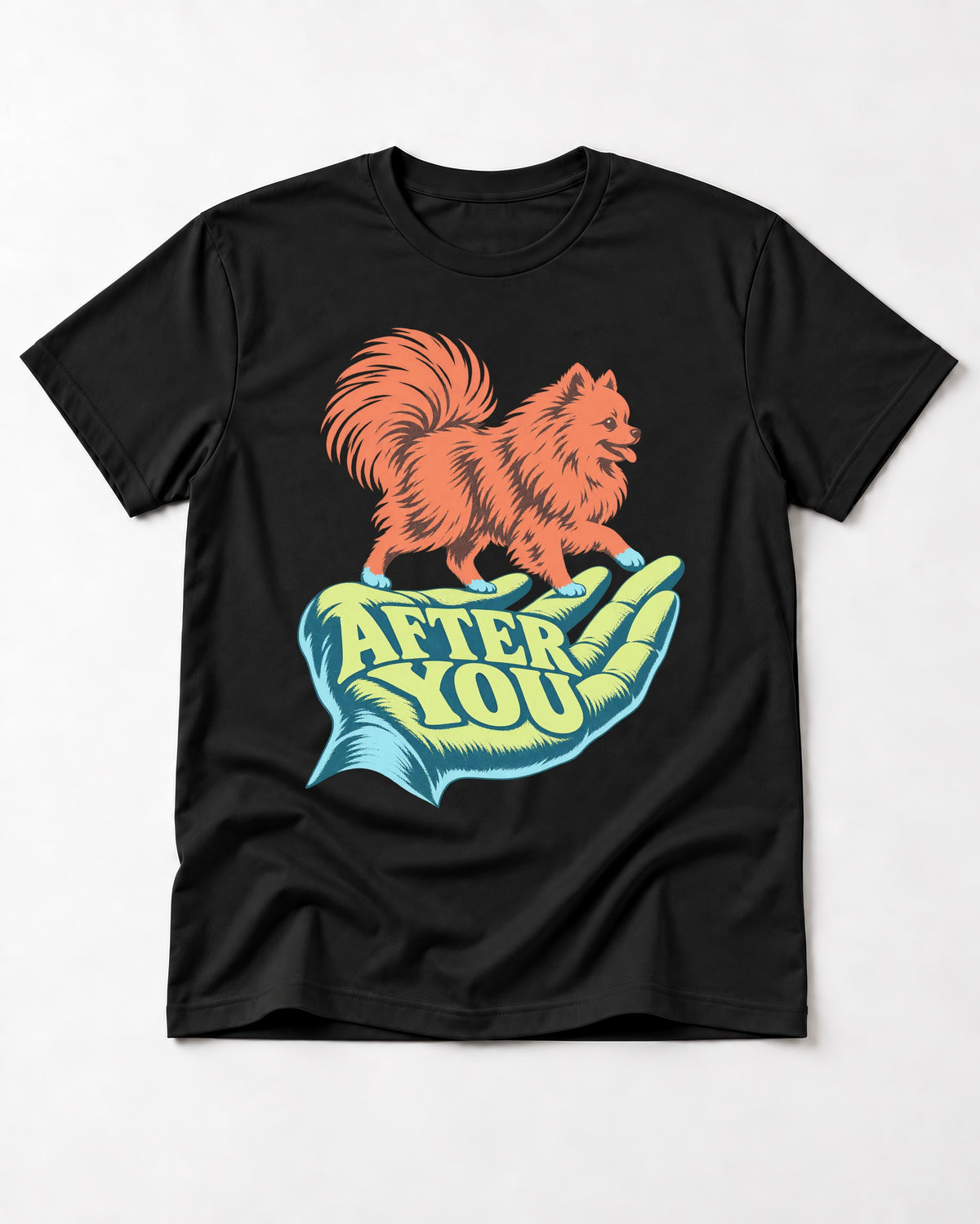 Pomeranian After You Helping Hand Graphic T-Shirt in Black, flat lay product photo