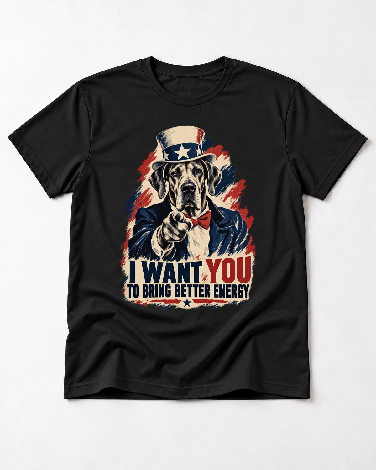 Great Dane I Want You to Bring Better Energy Uncle Sam Graphic T-Shirt in Black, flat lay product photo