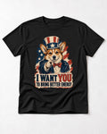 Corgi I Want You to Bring Better Energy Uncle Sam T-Shirt in Black, flat lay product photo