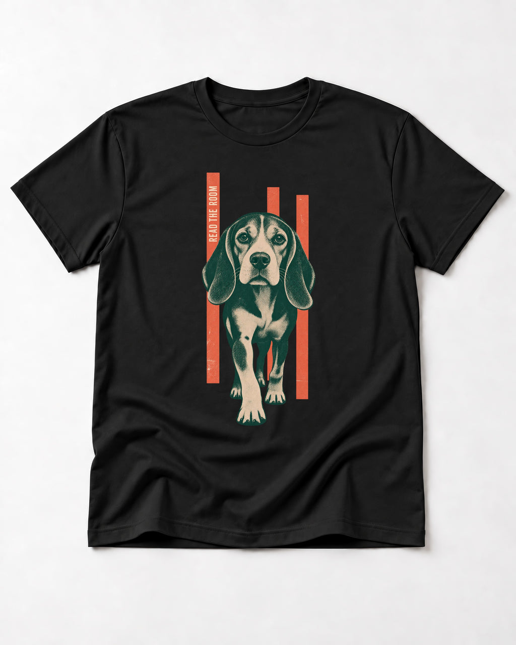 Beagle Before The Move Walking Portrait T-Shirt in Black, flat lay product photo