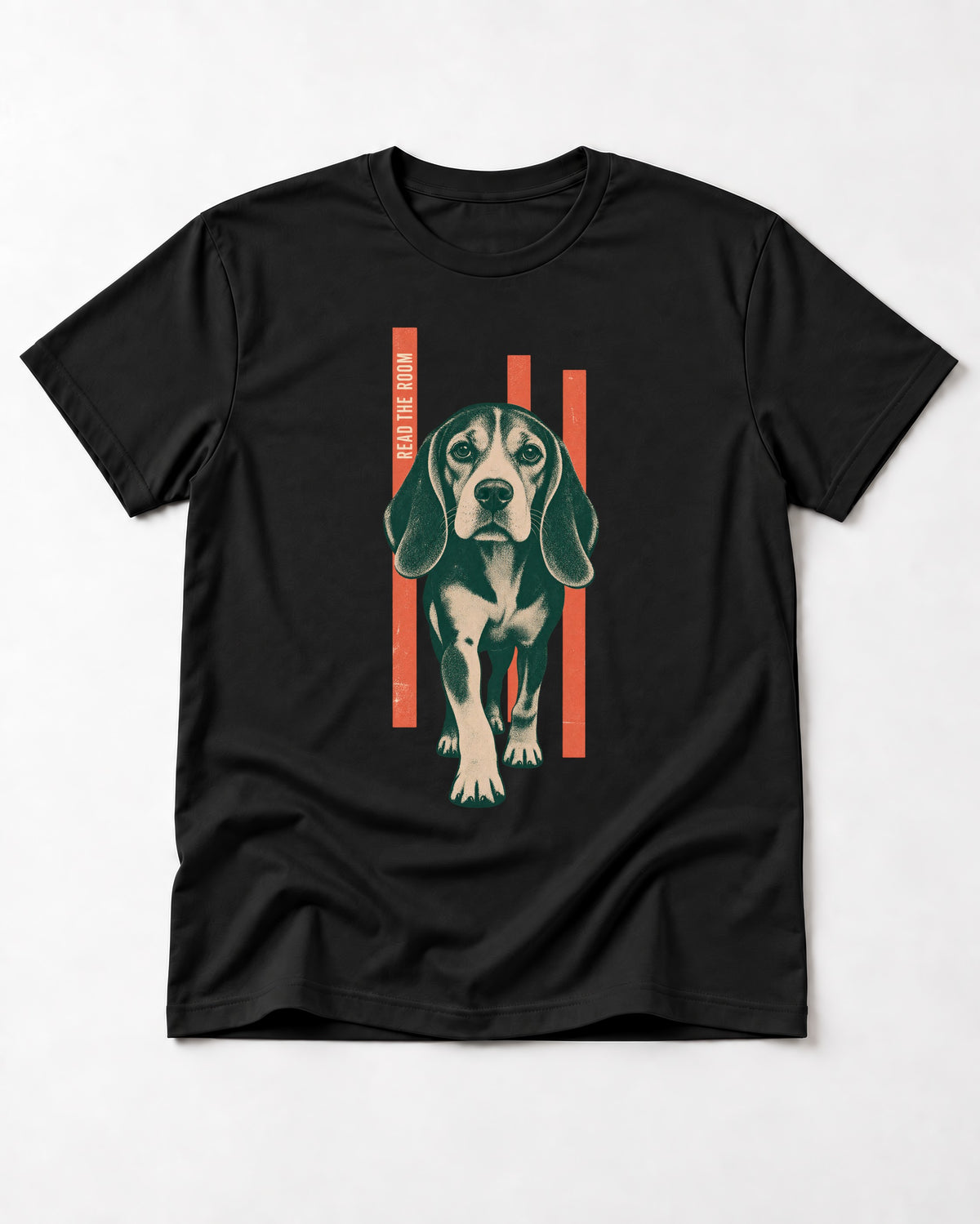 Beagle Before The Move Walking Portrait T-Shirt in Black, flat lay product photo