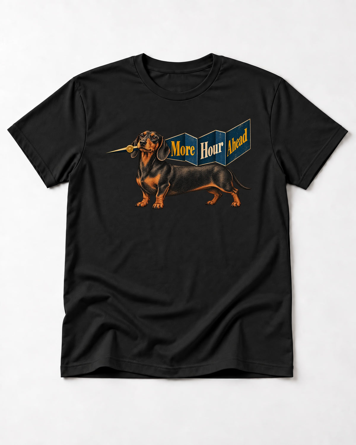 Dachshund More Hour Ahead Foldout Banner Graphic T-Shirt in Black, flat lay product photo