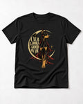 Doberman Calm Looks Good on You Crescent Graphic T-Shirt in Black, flat lay product photo