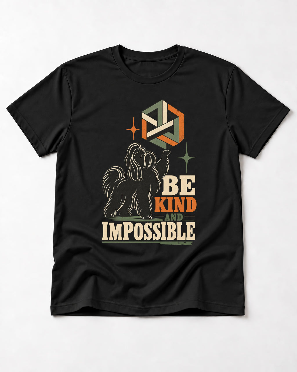 Shih Tzu Be Kind and Impossible Geometric Cube Graphic T-Shirt in Black, flat lay product photo