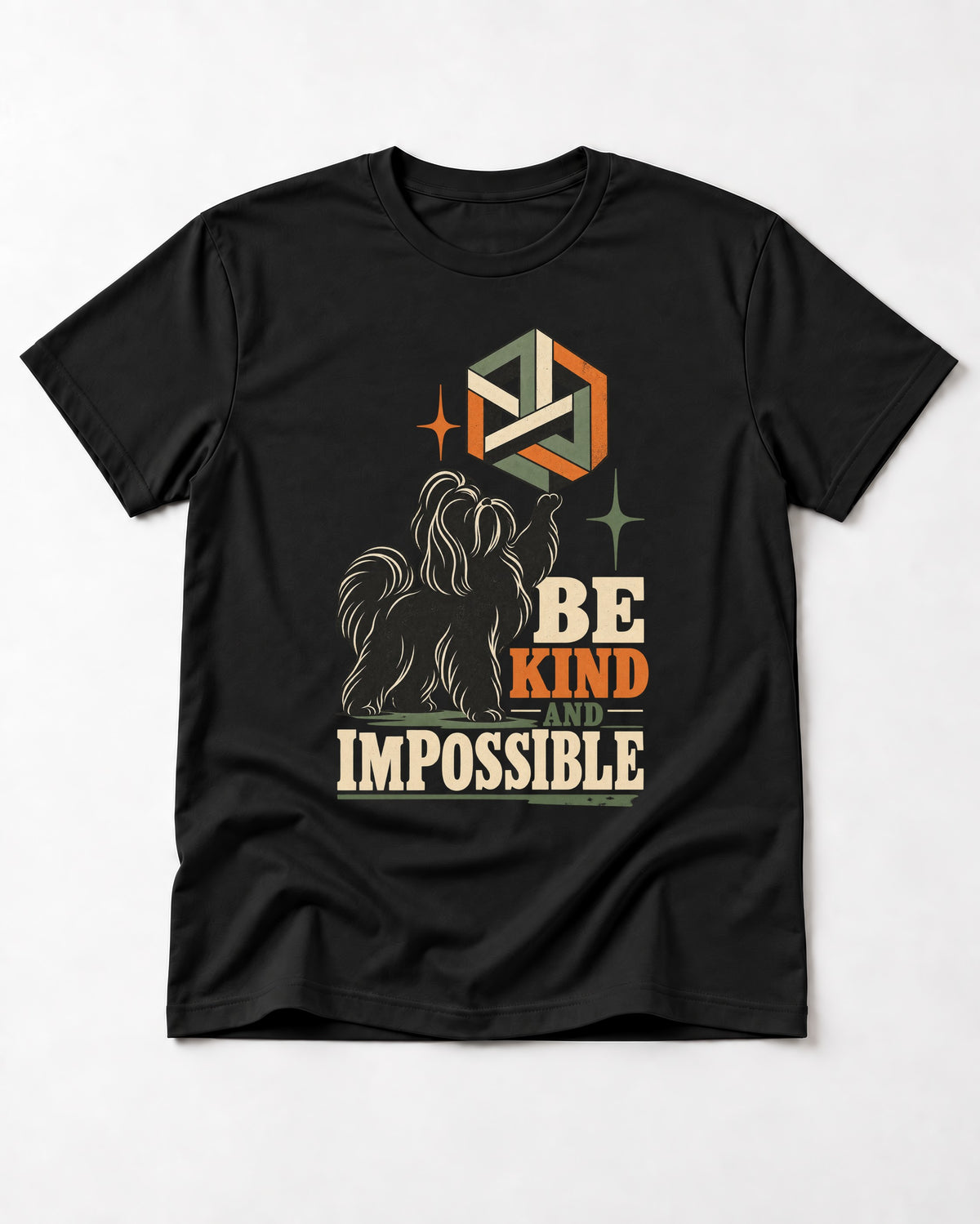 Shih Tzu Be Kind and Impossible Geometric Cube Graphic T-Shirt in Black, flat lay product photo