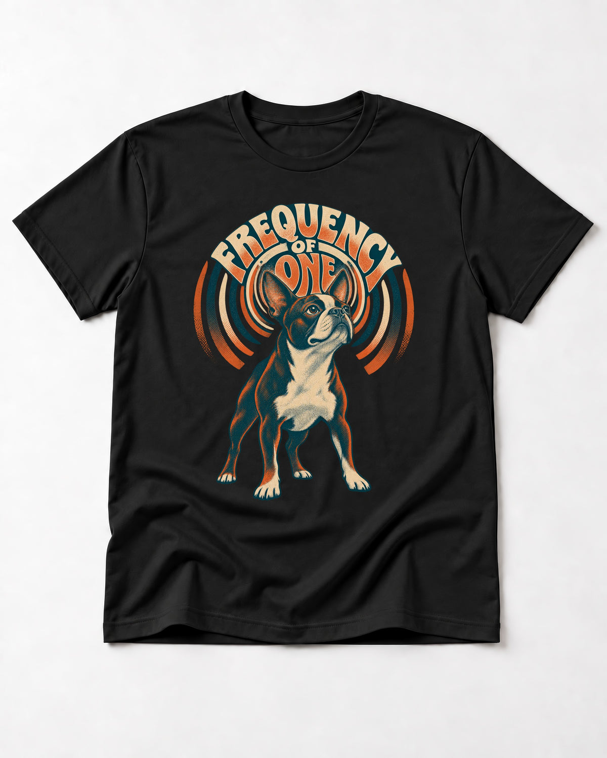 Frequency of One Boston Terrier Graphic T-Shirt in Black, flat lay product photo