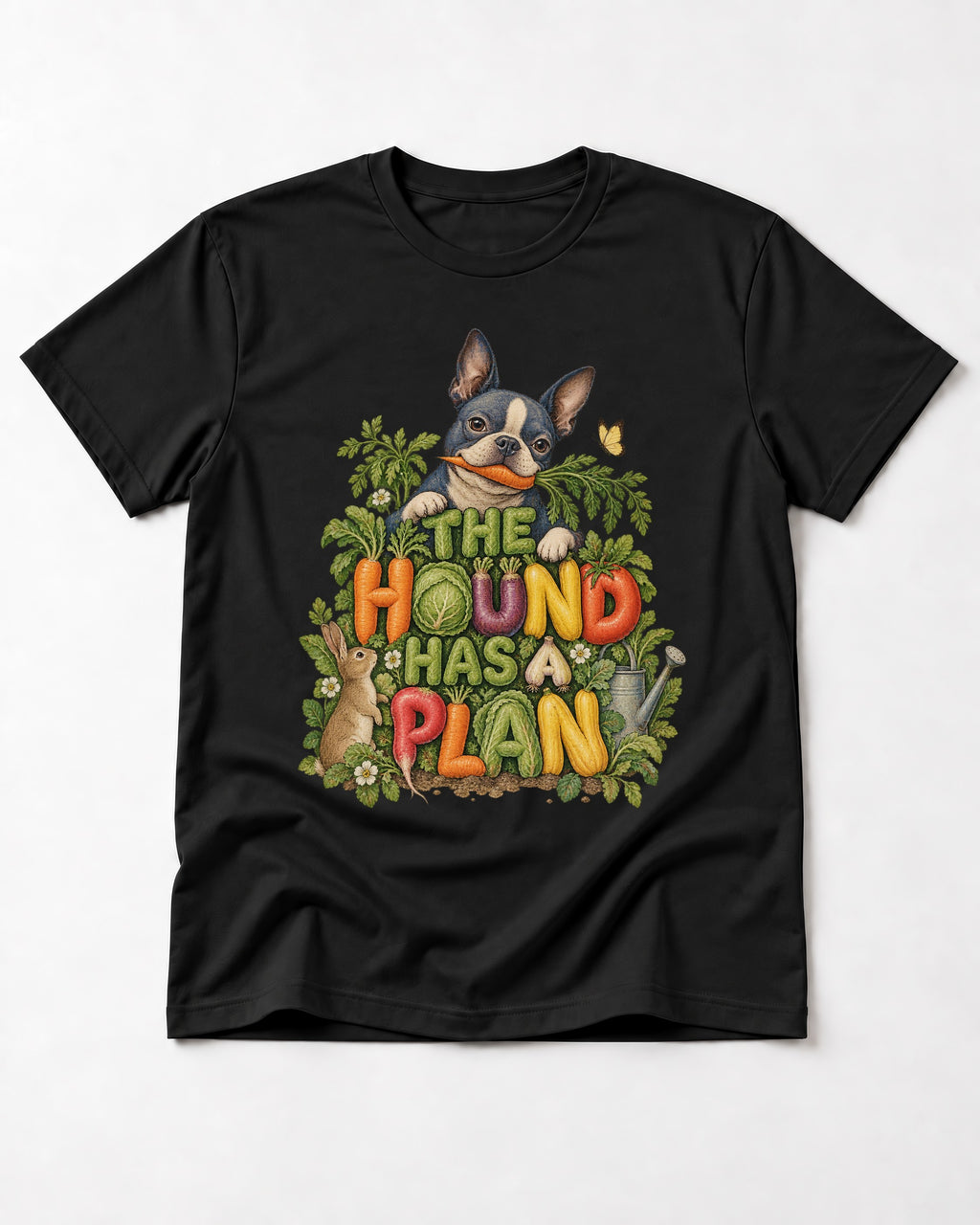 The Hound Has a Plan Boston Terrier T-Shirt in Black, flat lay product photo