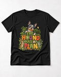 The Hound Has a Plan Boston Terrier T-Shirt in Black, flat lay product photo