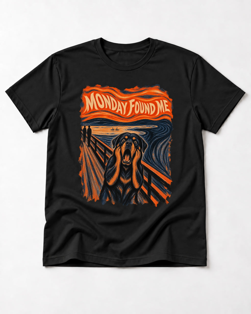 Rottweiler Monday Found Me Scream Parody Graphic T-Shirt in Black, flat lay product photo