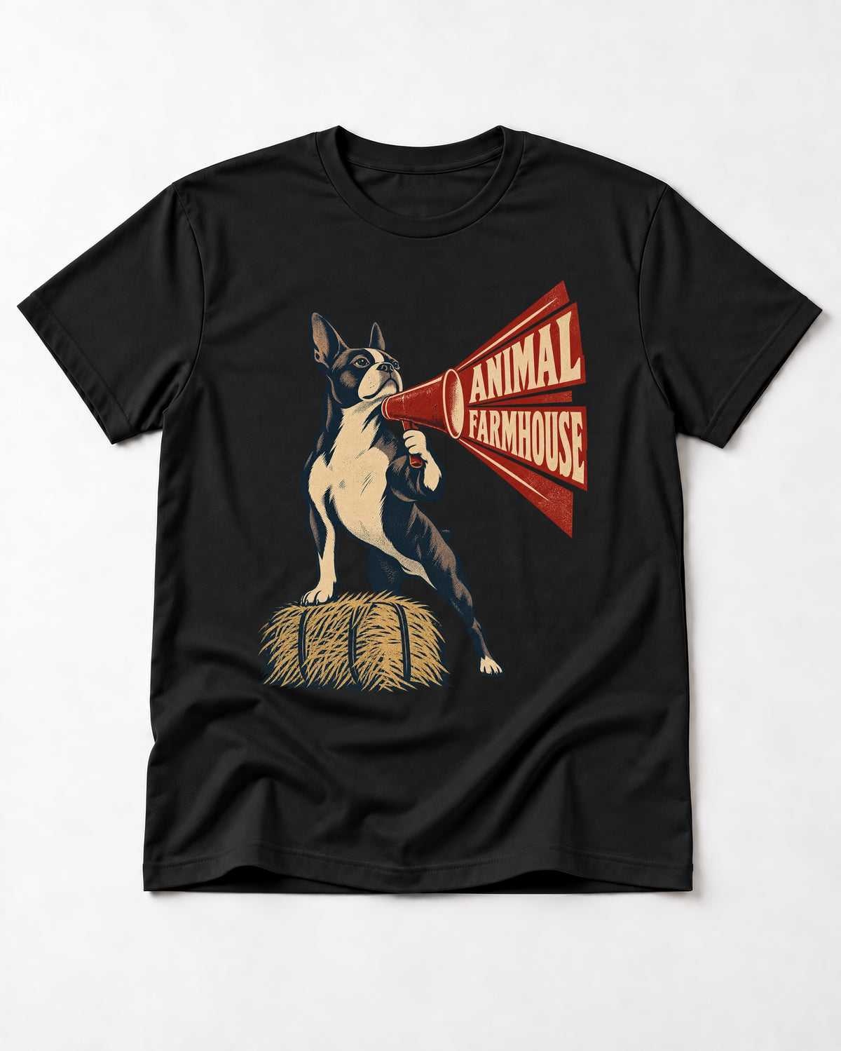 Animal Farmhouse Boston Terrier T-Shirt in Black, flat lay product photo