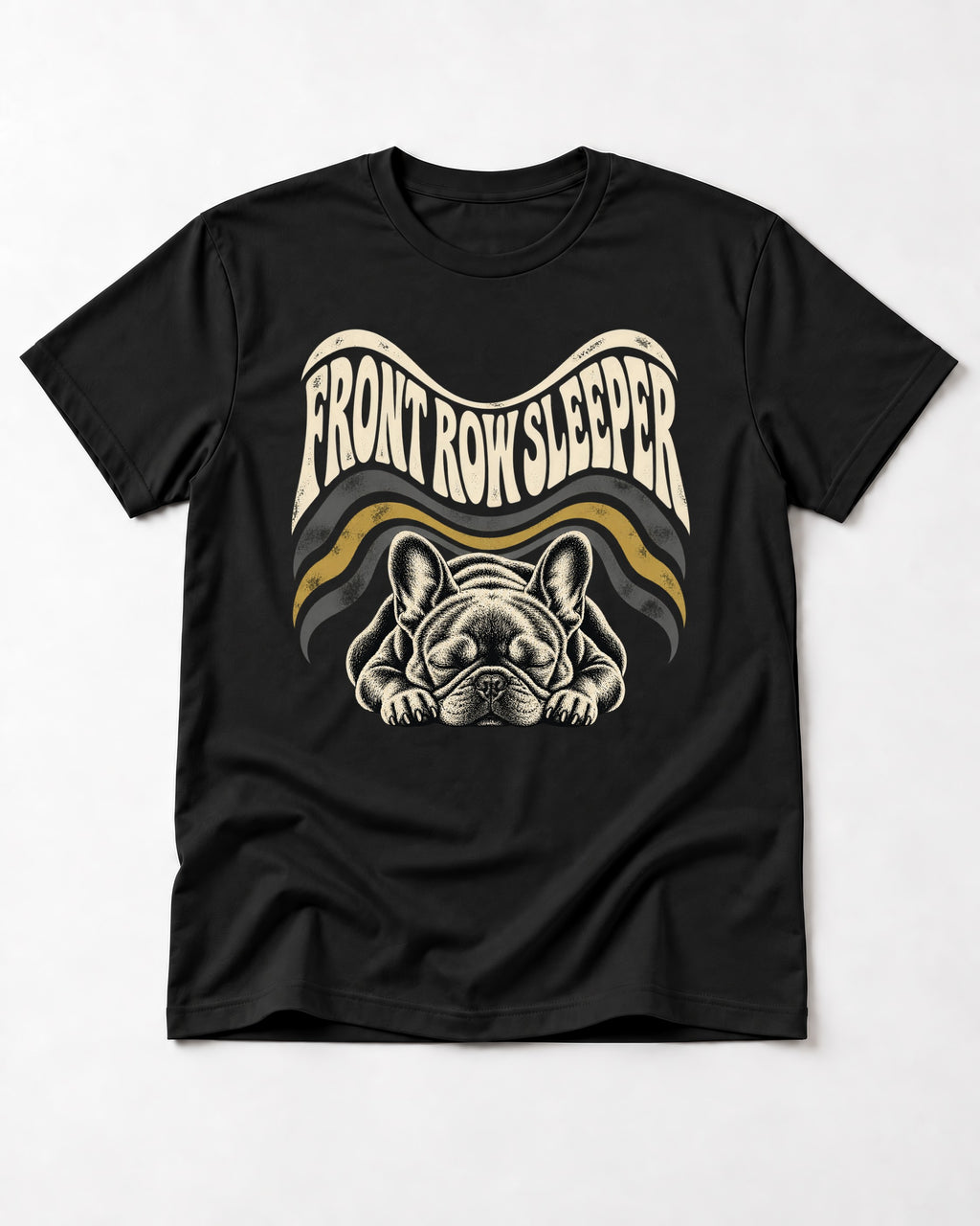 Frenchie Front Row Sleeper Retro Graphic T-Shirt in Black, flat lay product photo