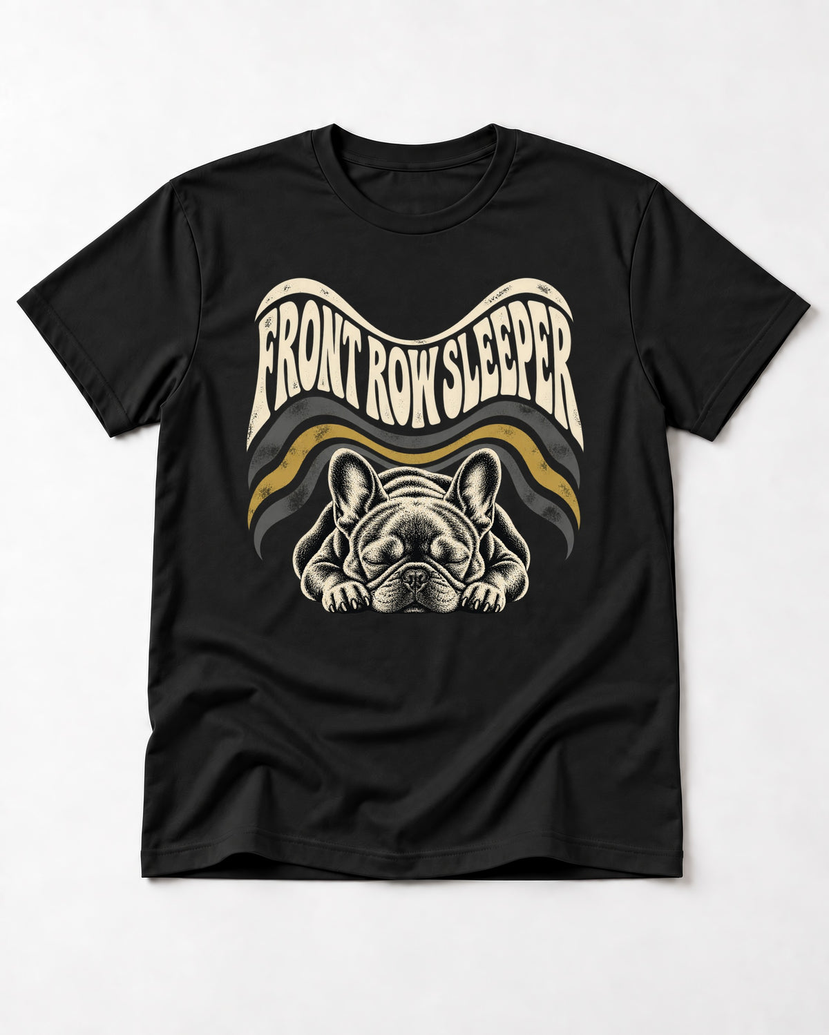 Frenchie Front Row Sleeper Retro Graphic T-Shirt in Black, flat lay product photo