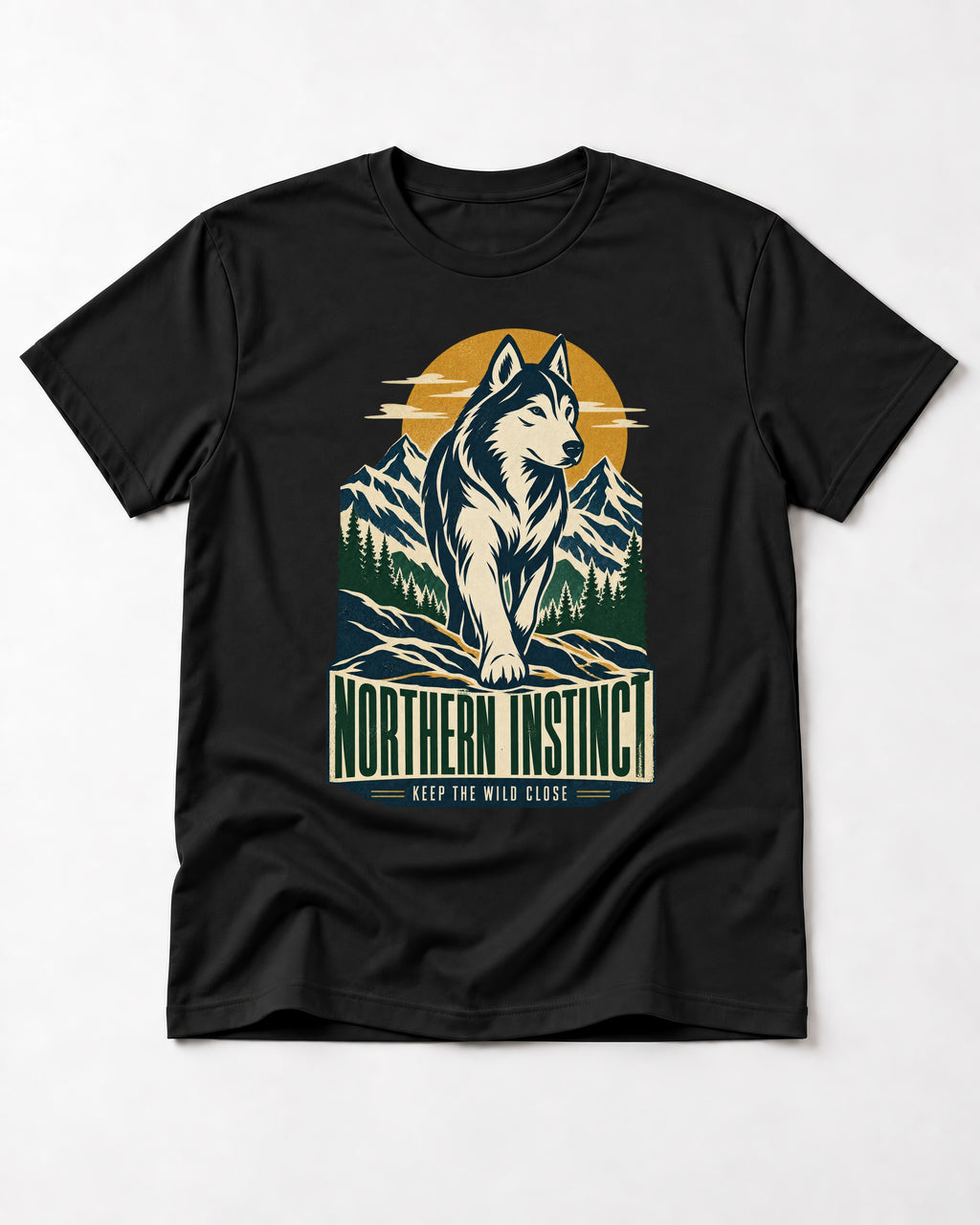 Husky Northern Instinct Mountain Sentinel T-Shirt in Black, flat lay product photo