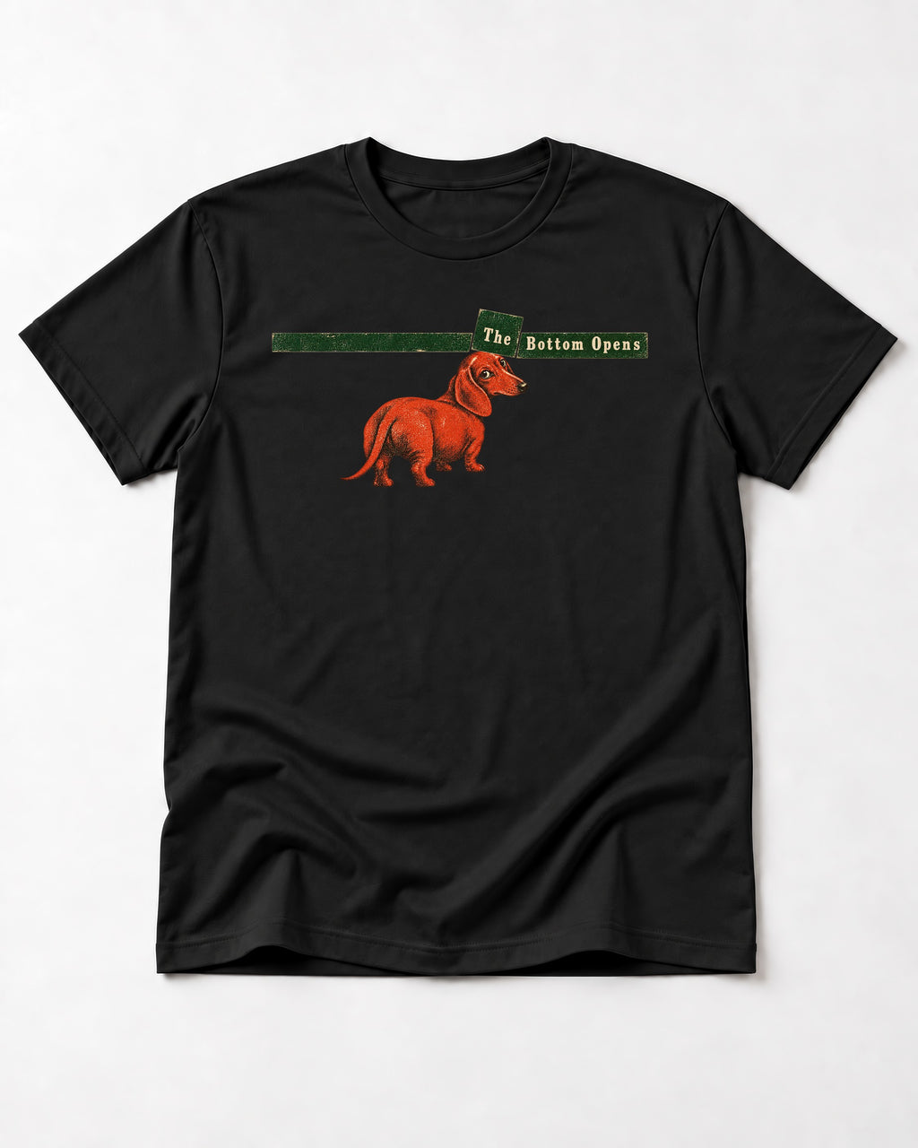 Dachshund The Bottom Opens Signpost Graphic T-Shirt in Black, flat lay product photo