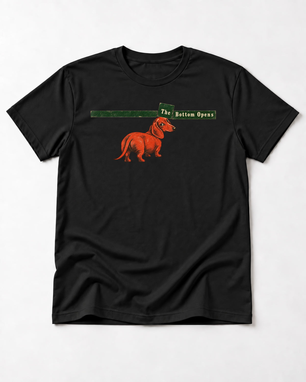 Dachshund The Bottom Opens Signpost Graphic T-Shirt in Black, flat lay product photo