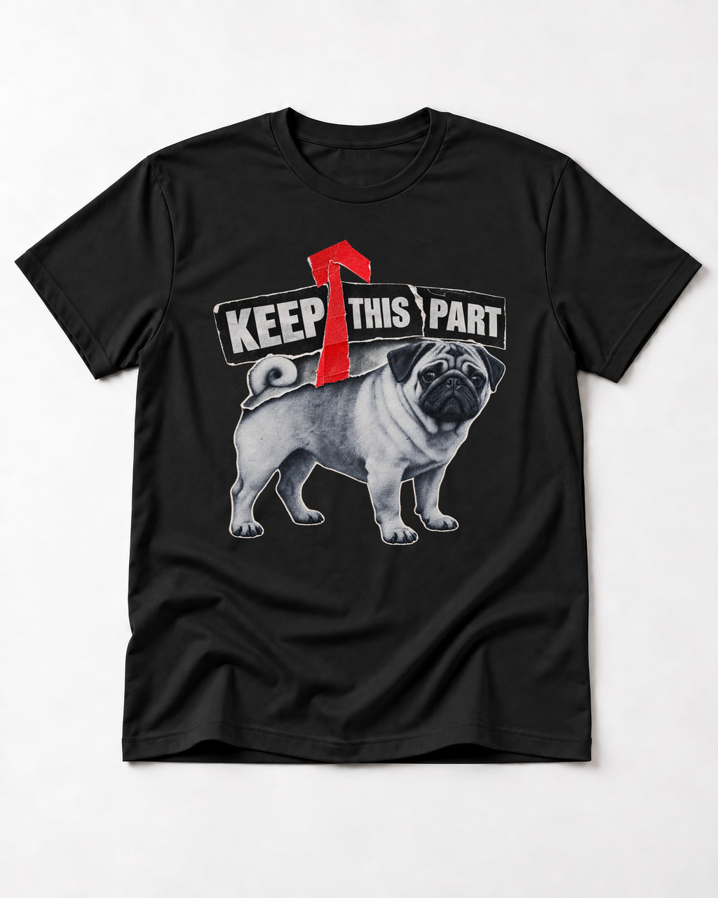 Pug Keep This Part Tape Arrow Graphic T-Shirt in Black, flat lay product photo