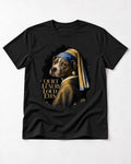 Pitbull Quiet Luxury Loud Eyes Pearl Earring Portrait Graphic T-Shirt in Black, flat lay product photo