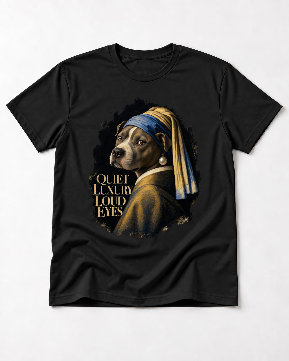 Pitbull Quiet Luxury Loud Eyes Pearl Earring Portrait Graphic T-Shirt in Black, flat lay product photo