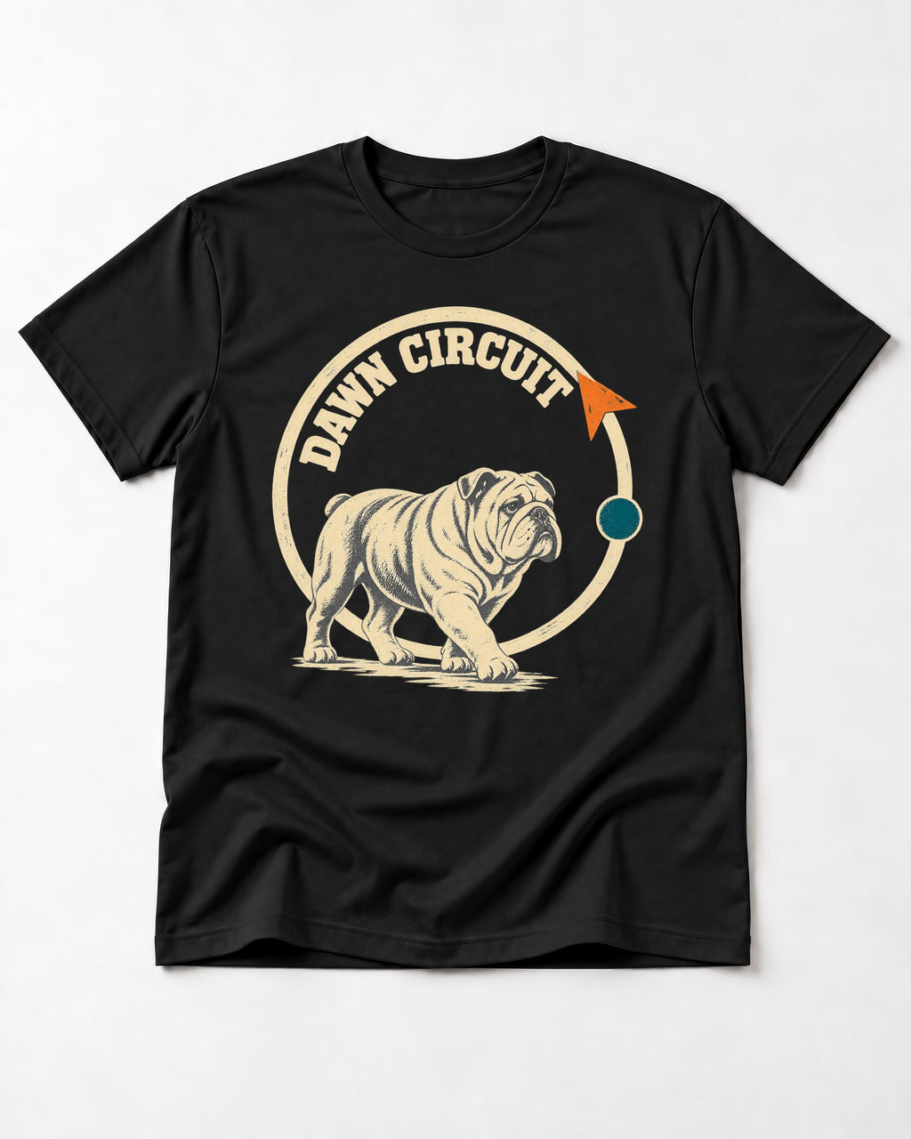 English Bulldog Dawn Circuit Emblem T-Shirt in Black, flat lay product photo