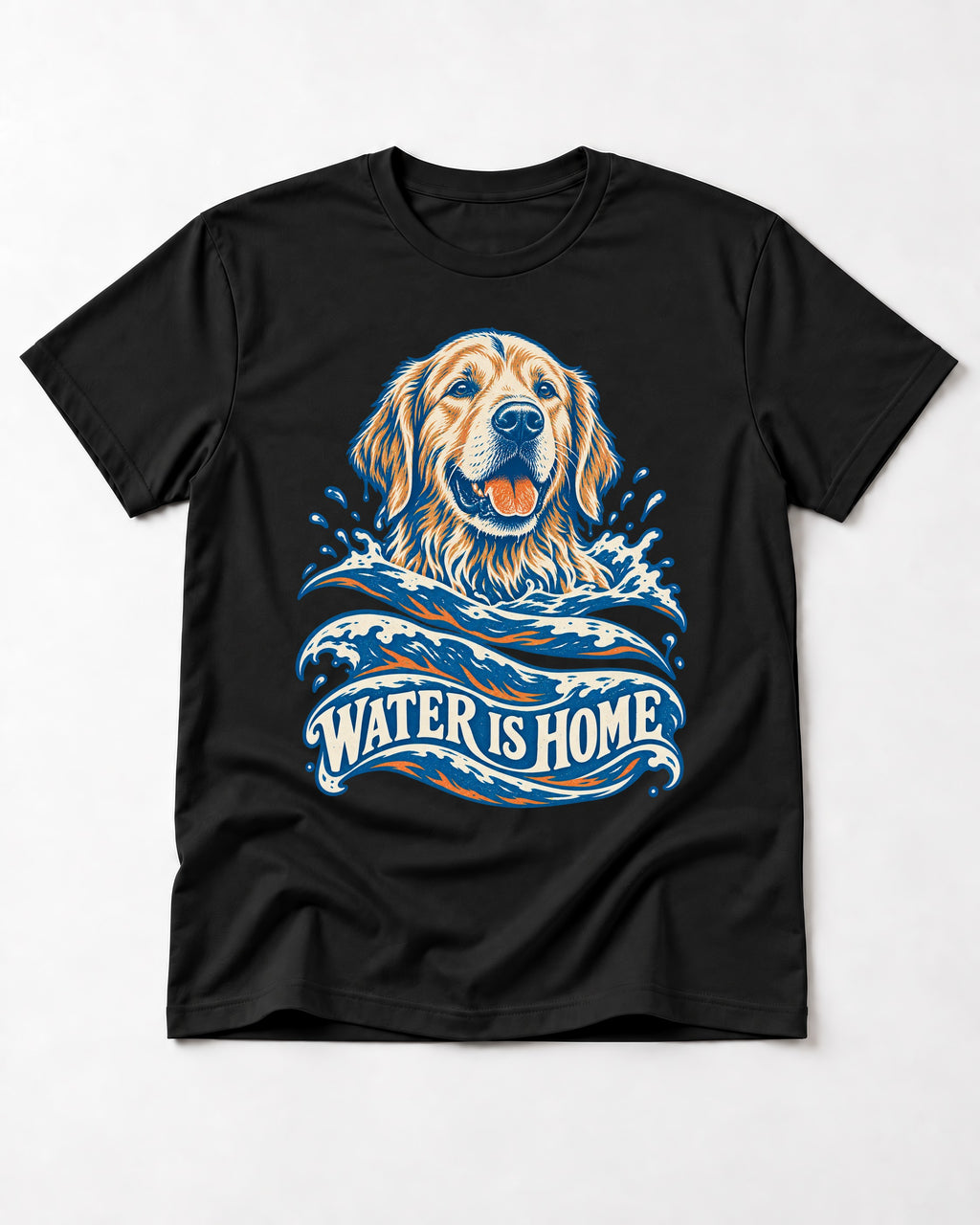 Golden Retriever Water Is Home Ocean Wave Graphic T-Shirt in Black, flat lay product photo
