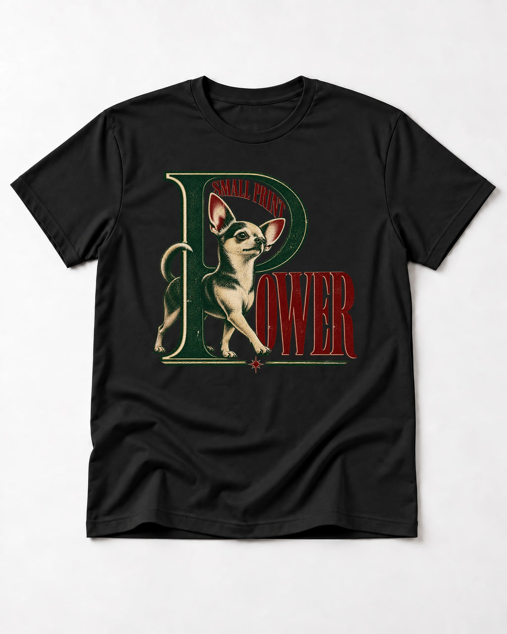 Chihuahua Small Print Power Monogram Graphic T-Shirt in Black, flat lay product photo