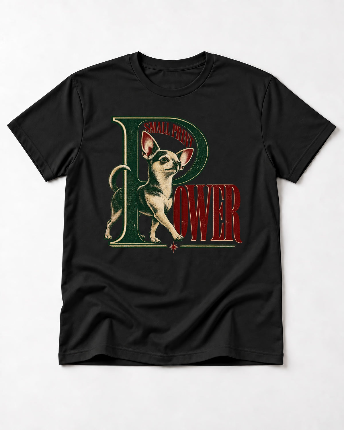Chihuahua Small Print Power Monogram Graphic T-Shirt in Black, flat lay product photo