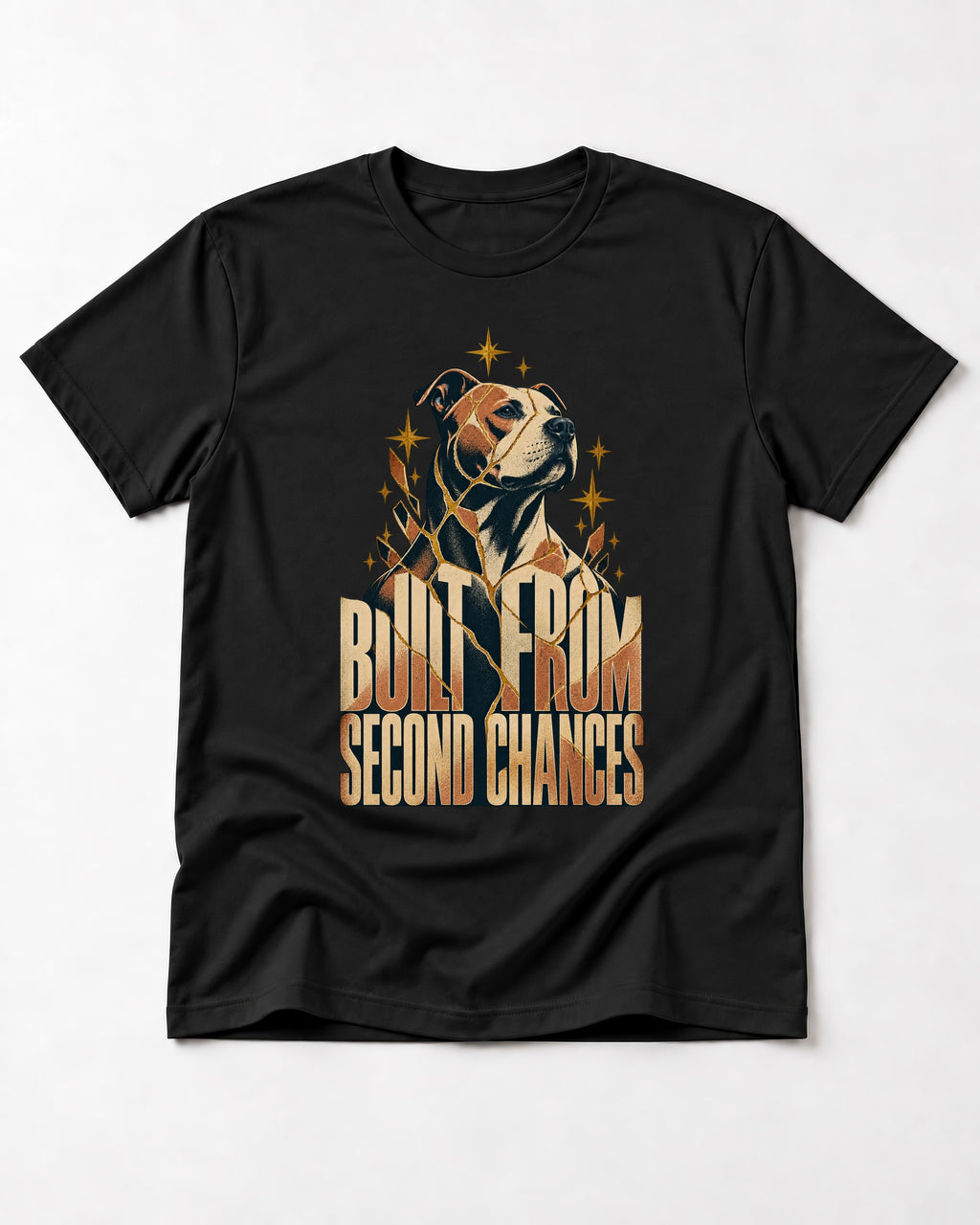 Pitbull Built from Second Chances Kintsugi Graphic T-Shirt in Black, flat lay product photo
