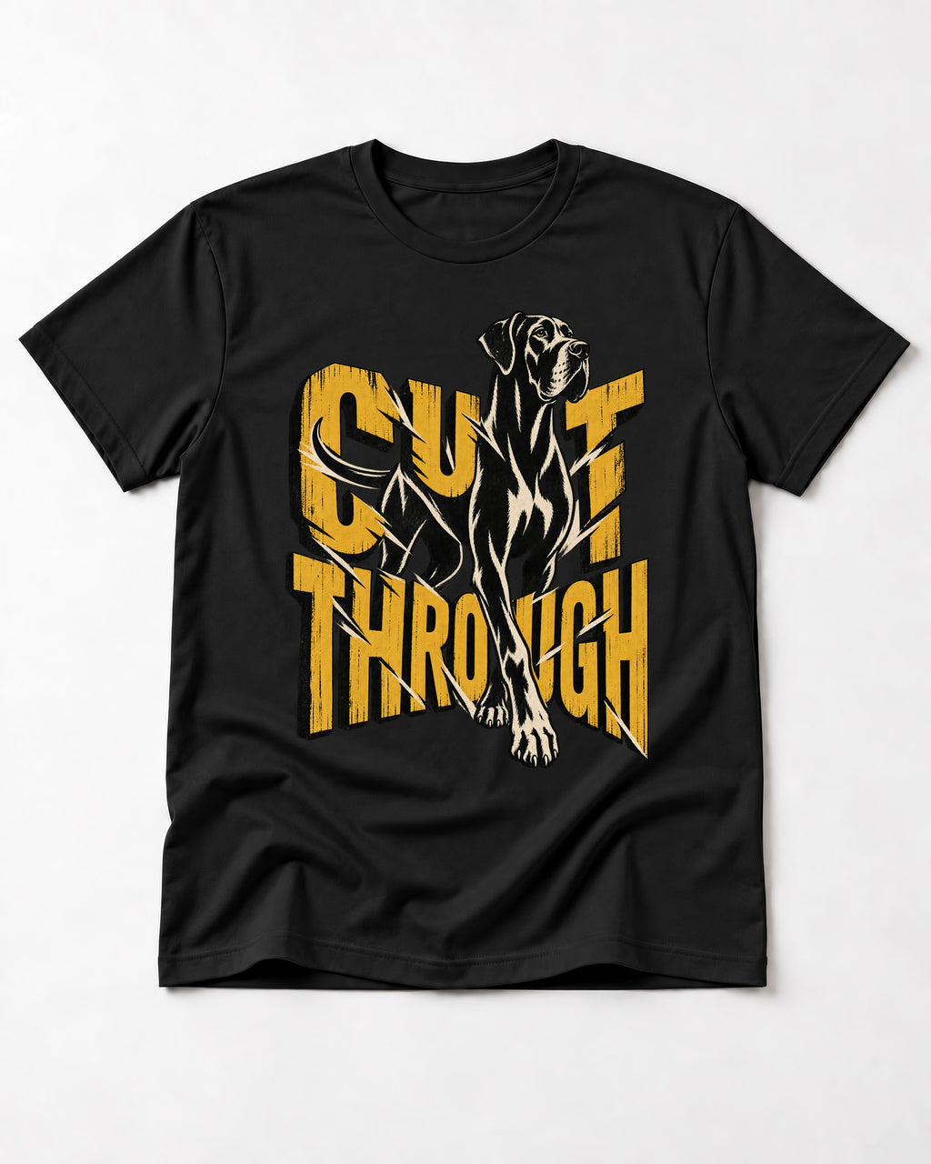Great Dane Cut Through Breaking Type Graphic T-Shirt in Black, flat lay product photo
