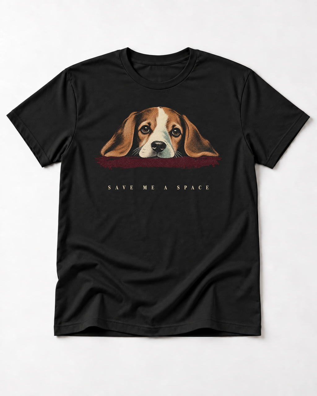 Save Me A Space Beagle T-Shirt in Black, flat lay product photo