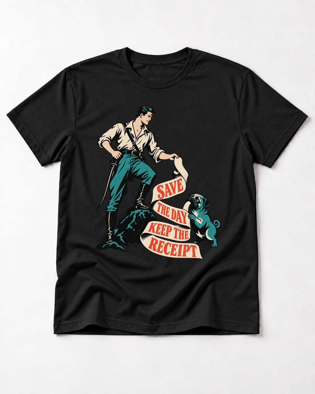 Pug Save the Day Keep the Receipt Hero Graphic T-Shirt in Black, flat lay product photo