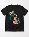 Pug Save the Day Keep the Receipt Hero Graphic T-Shirt in Black, flat lay product photo