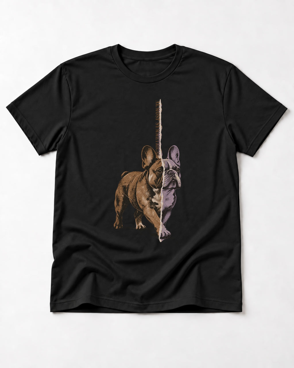 Frenchie Almost Symmetrical Torn Split Graphic T-Shirt in Black, flat lay product photo