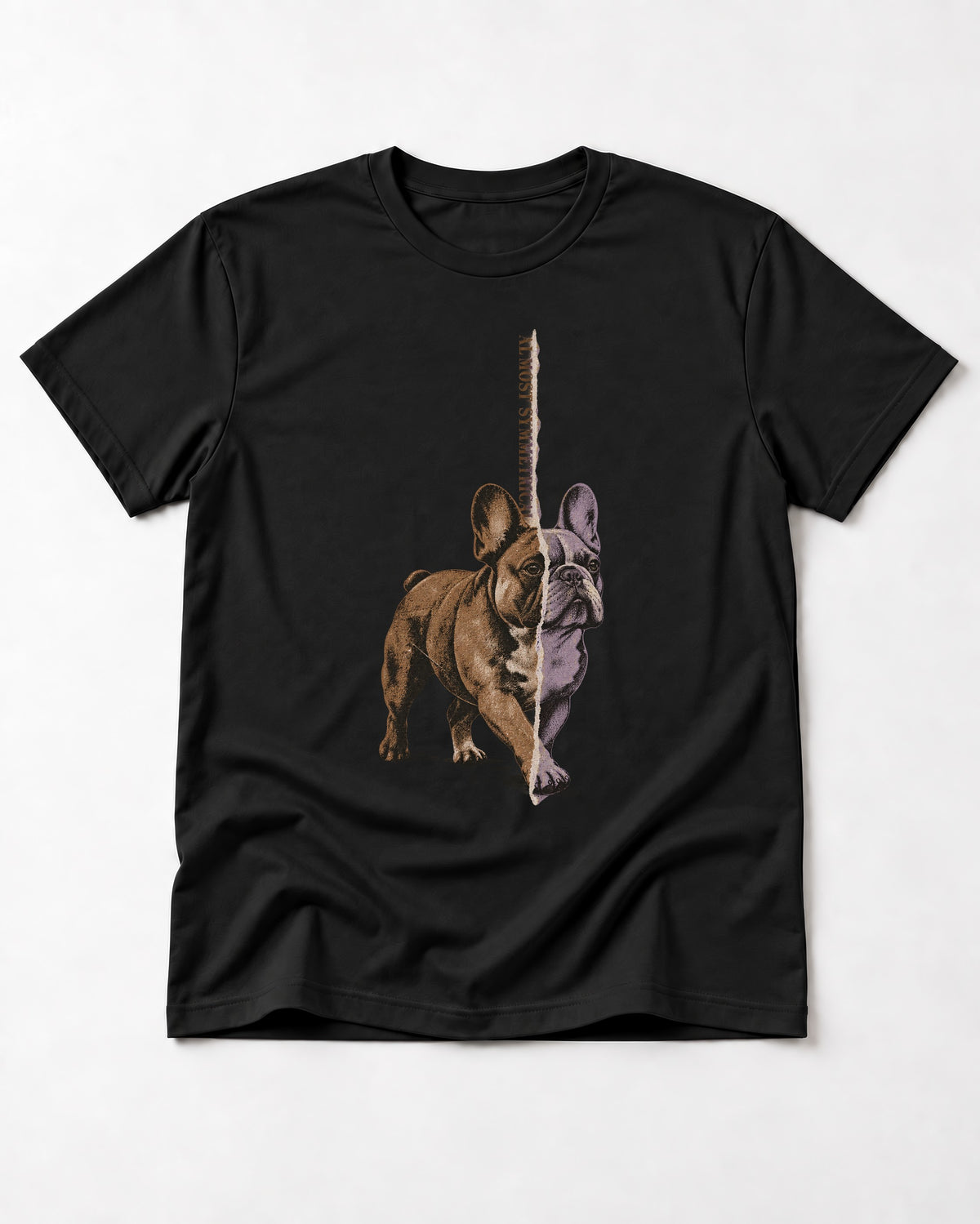 Frenchie Almost Symmetrical Torn Split Graphic T-Shirt in Black, flat lay product photo