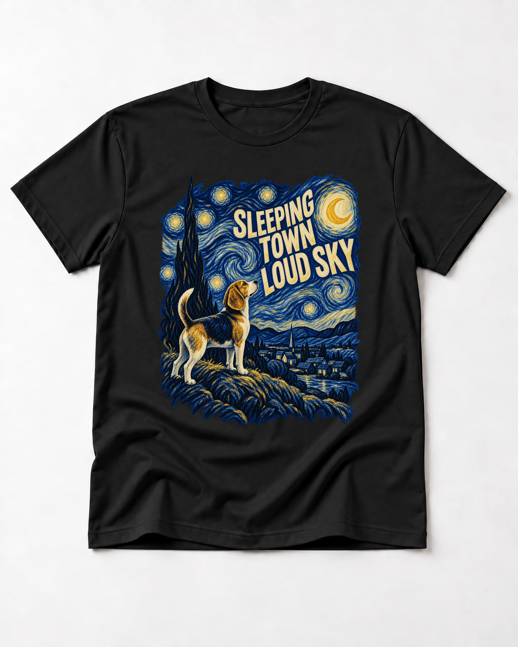 Sleeping Town Loud Sky Beagle Nightscape T-Shirt in Black, flat lay product photo