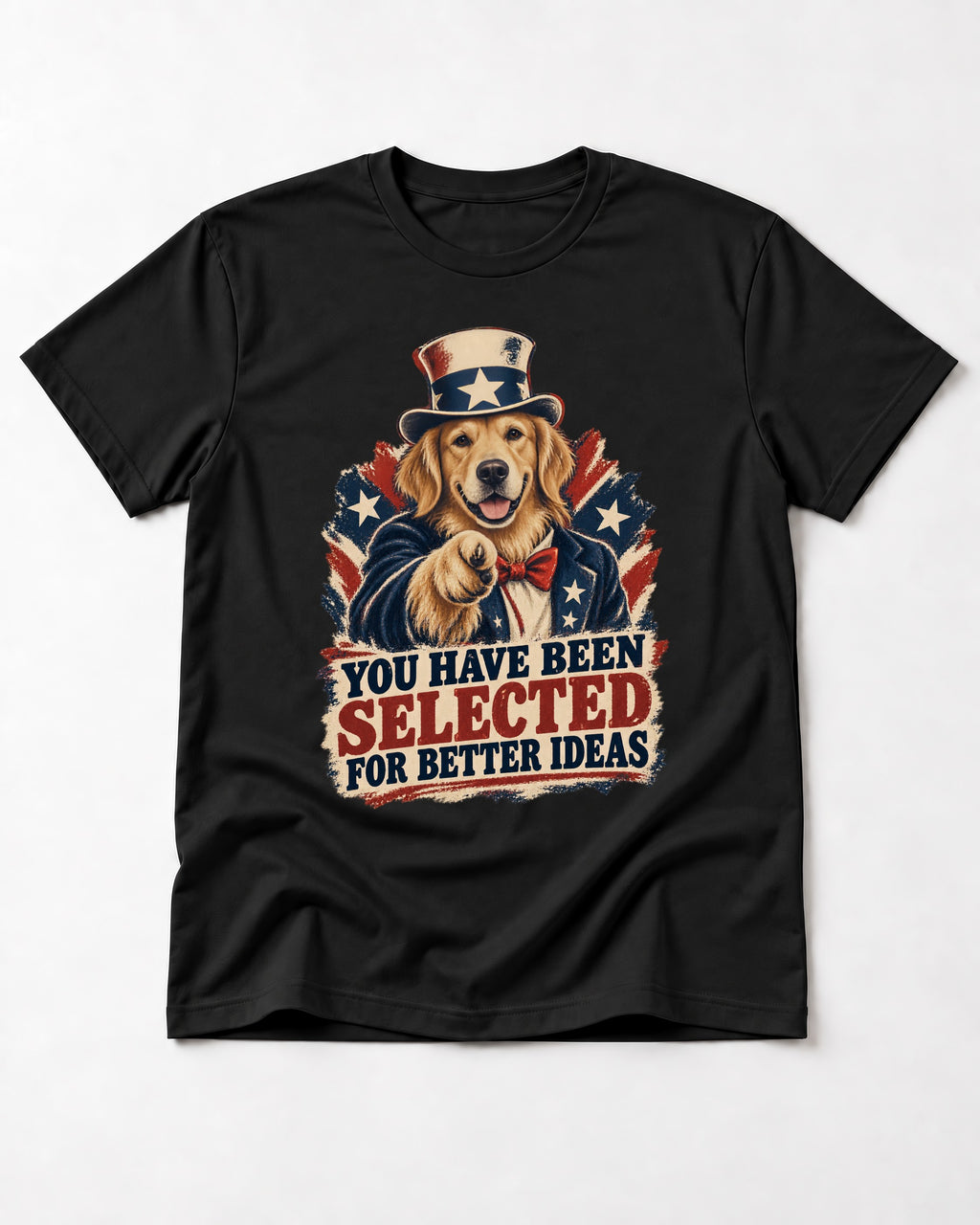 You Have Been Selected for Better Ideas Uncle Sam Golden Retriever Graphic T-Shirt in Black, flat lay product photo