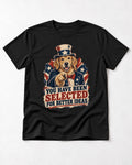 You Have Been Selected for Better Ideas Uncle Sam Golden Retriever Graphic T-Shirt in Black, flat lay product photo